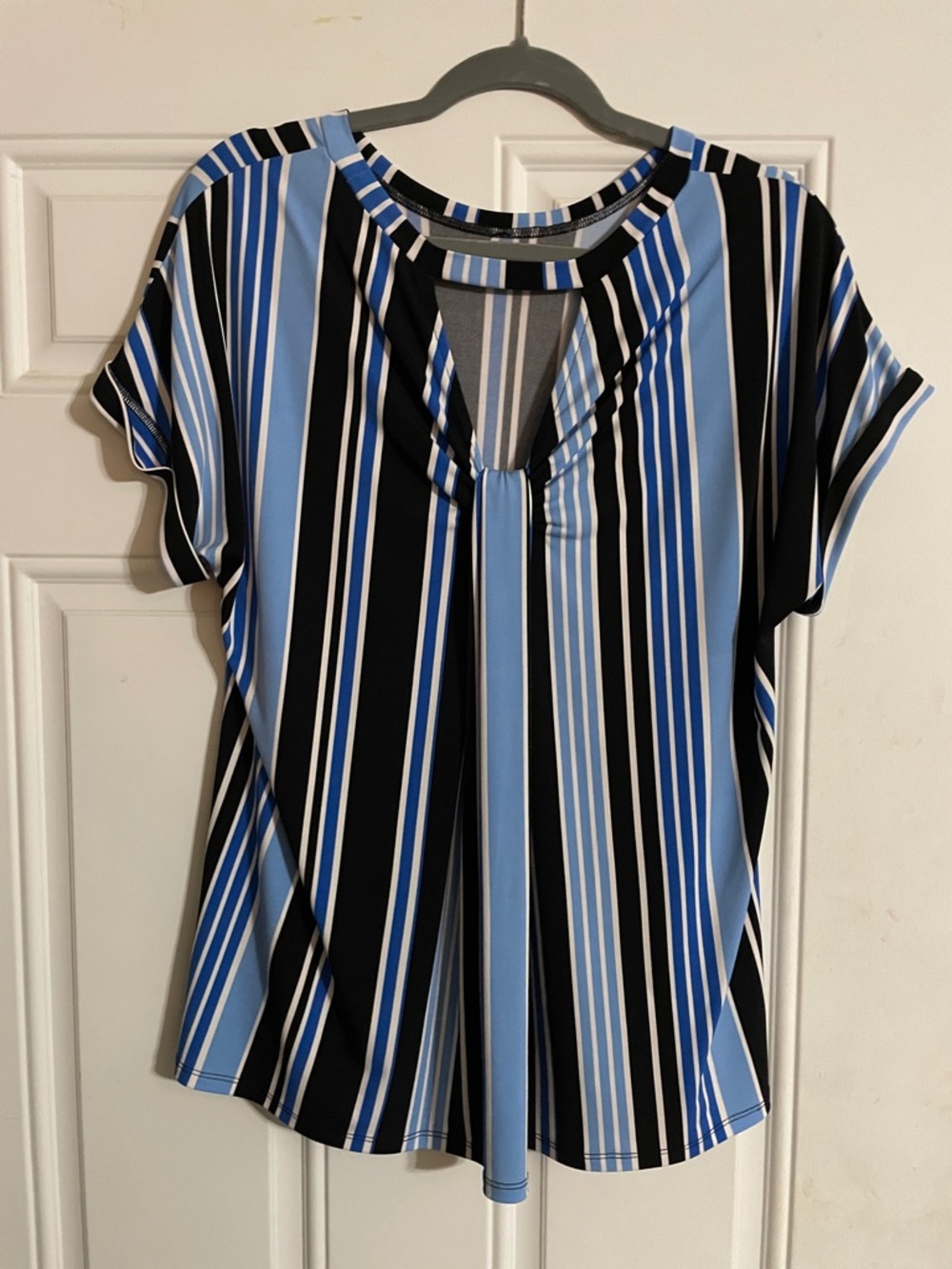 Women's Blue and Black Striped Keyhole Blouse